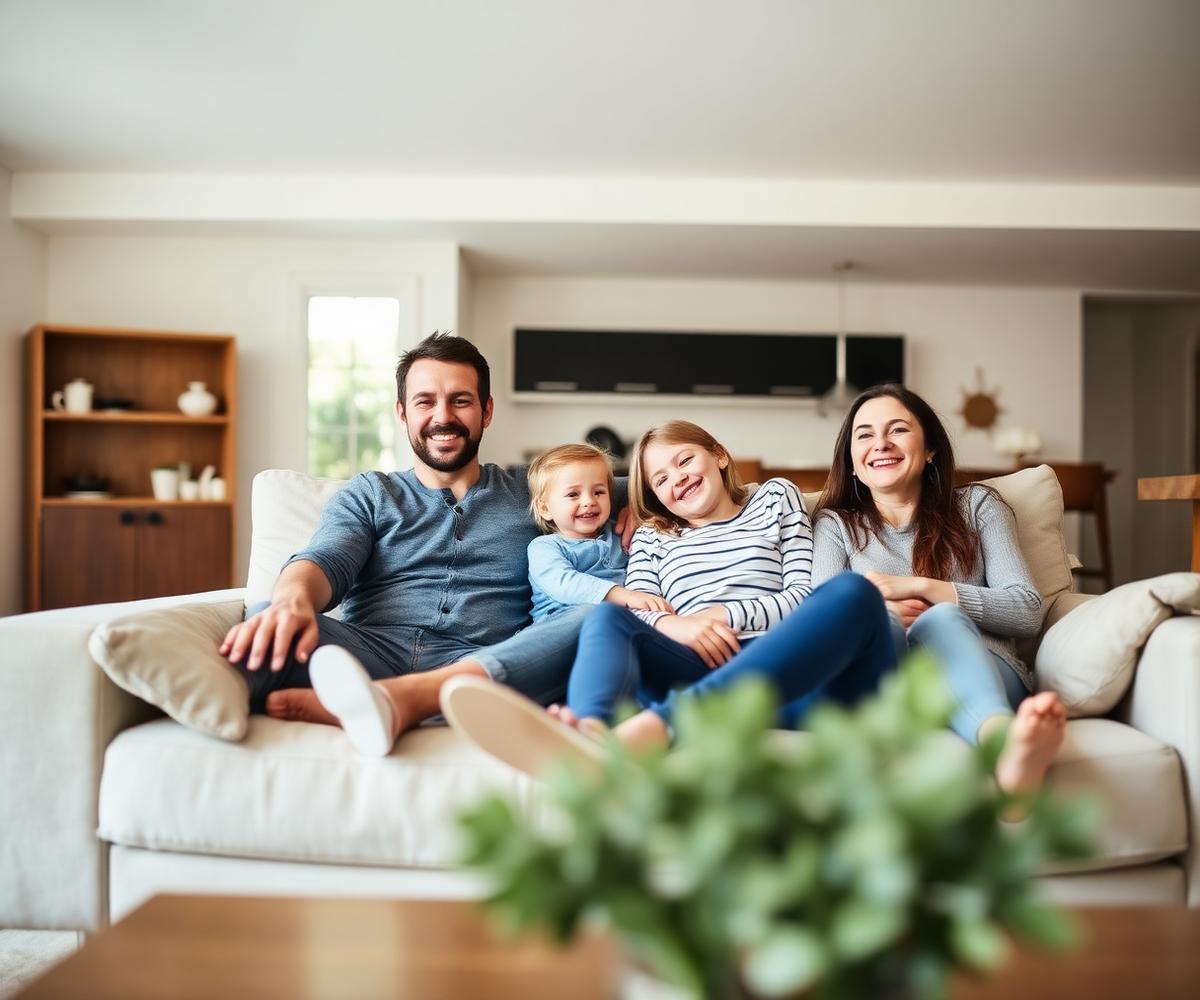 Happy family relaxing in their freshly cleaned home